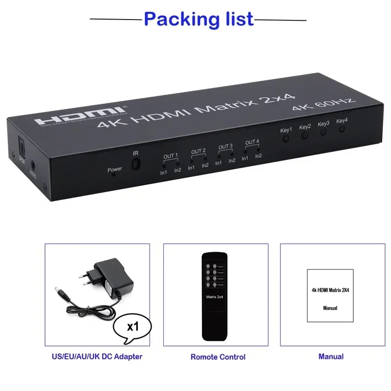 4K 60Hz 2x4 HDMI Matrix 2 in 4 Out HDMI Splitter Switch Audio Extractor HDMI2.0 4x2 Matrix for PS4 DVD Laptop PC To TV Monitor