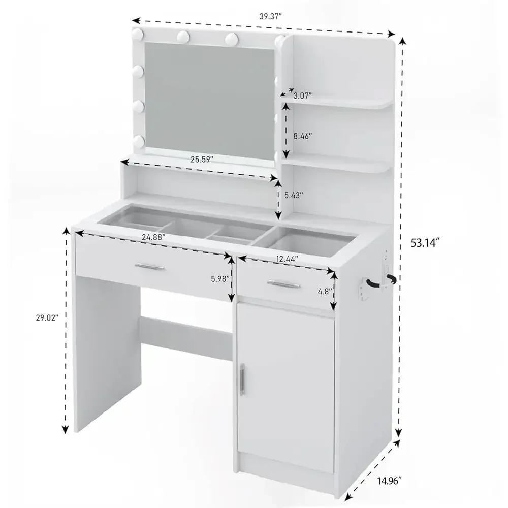 White Vanity Desk with Mirror, Glass Top, Power Outlet, and Adjustable RGB Lights for Women's Bedroom