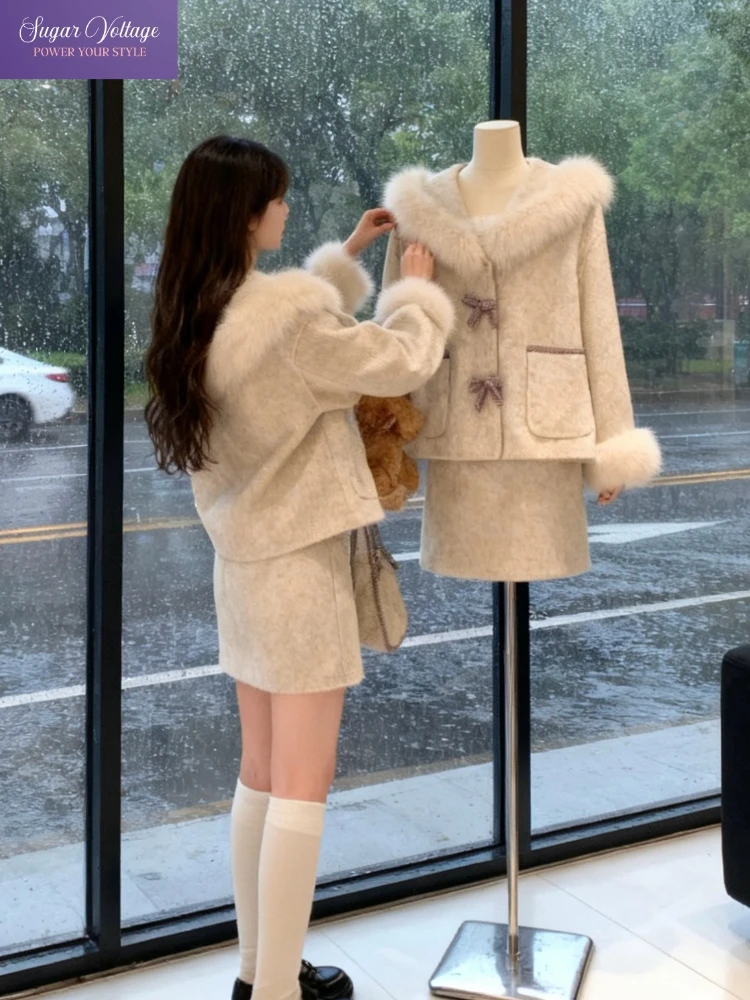 

Harajuku Винтаж Элегантный комплект из 2 предметов Женская мода Тонкое шерстяное пальто с длинным рукавом и бантом + серая юбка Ретро Вечеринка Шикарный наряд Kawaii