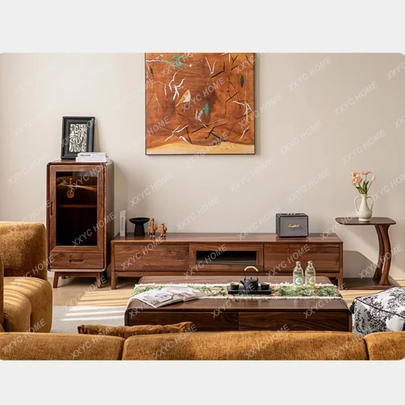 XXFactory Direct Black Walnut TV Cabinet Modern Medieval Style Living Room Solid Wood Cabinet