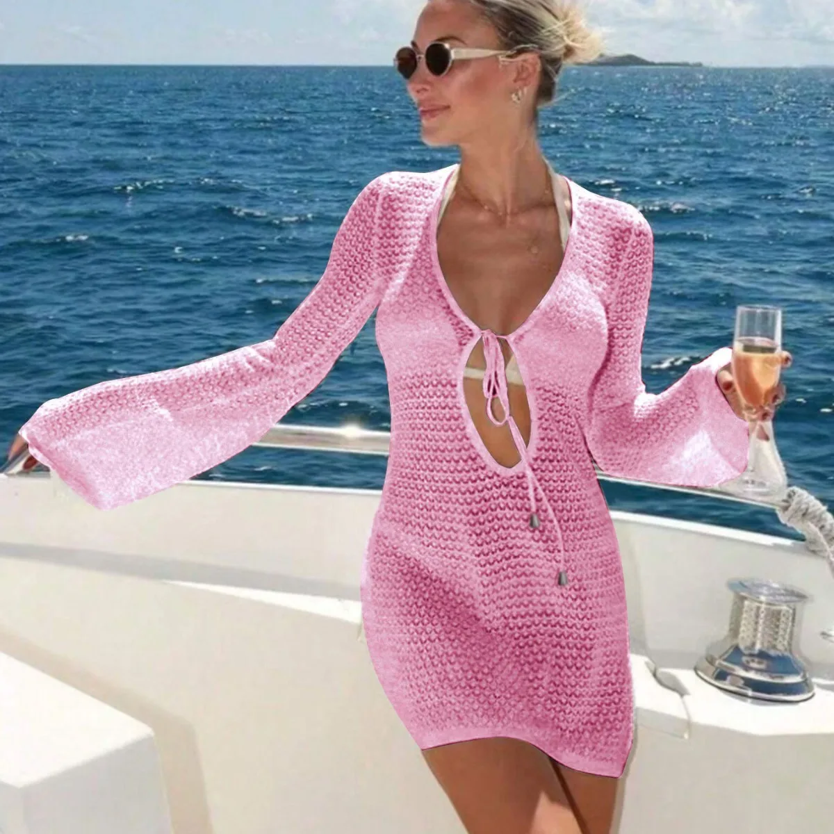 Women's Cover-up Knit Deep V Neck Beach Long Sleeve Hollow Out Swim Cover Cutout Drawstring Detail Flared Sleeve Dress