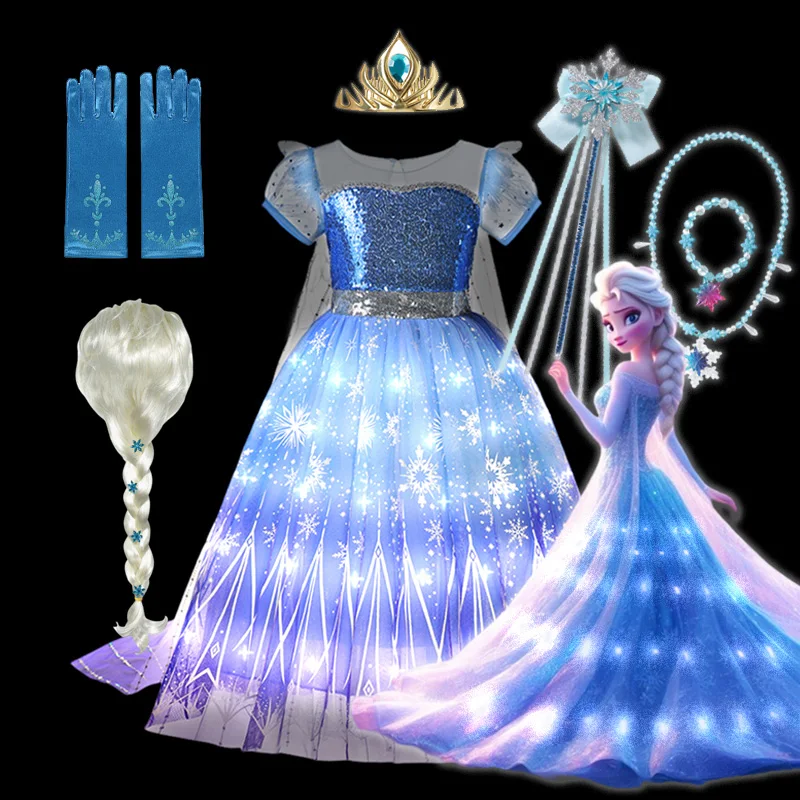 Disney Elsa Princess Dress LED Light Up Kids Halloween Cosplay Frozen Carnival Costumes Girls Birthday Glowing Vestidos 2-10T