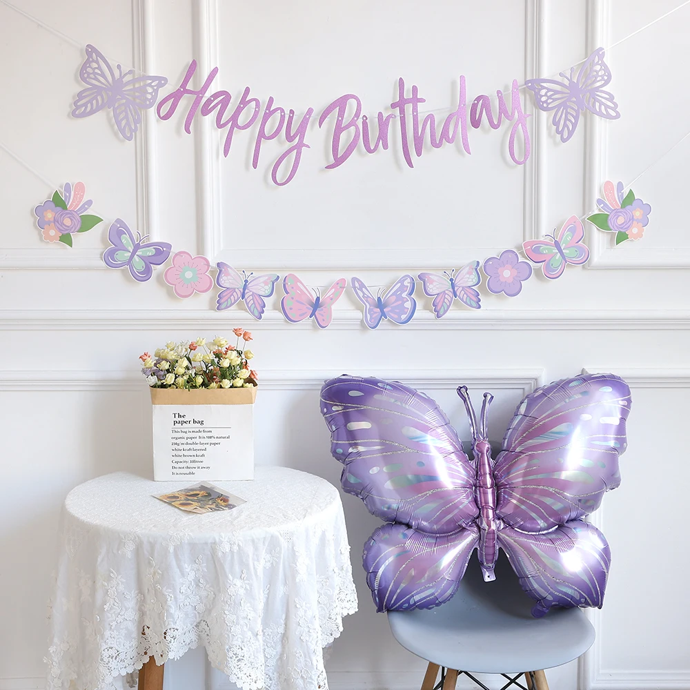 Różowa kokardka Banner Cake Toppers Spirl Purple Butterfly Flag Girls Princess Birthday Party Supplies Wedding Baby Shower Decoration