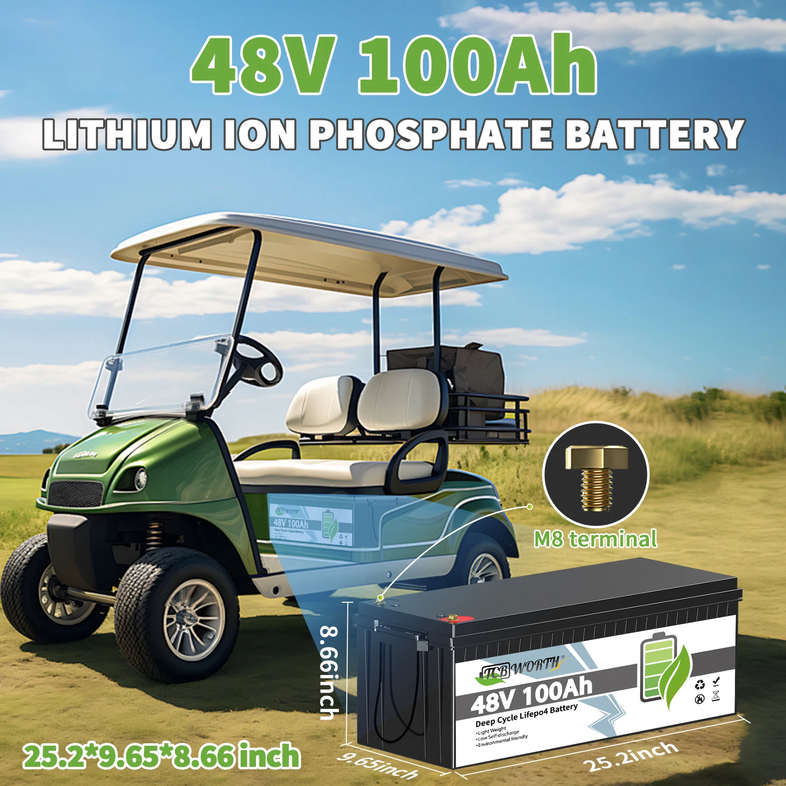 TCBWORTH 48V 100Ah Lifepo4 Golf Cart Lithium Battery,Low-Temp Protection 7000+ Deep Cycle for RV,Marine and Off Grid Application