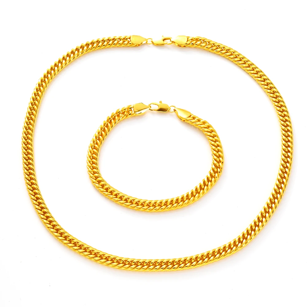 Bangrui Width 7mm Cuba Link Chain Gold Color Necklace&Bracelet for Men Women Jewelry Gift