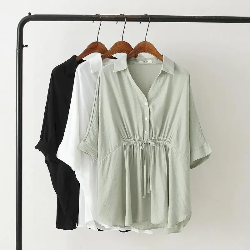 

Korean Loose Blouses Women Fashion Drawstring V-Neck Solid Color Short Sleeve Pullover Shirt Summer Trend Slim Thin Drop Blouse