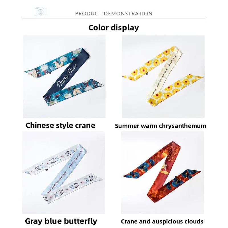 

Retro Crane Print Silk Scarf Long Skinny Scarves Women Neck Tie Bag Ribbon Headband Versatile Fashion Accessory for Daily Use