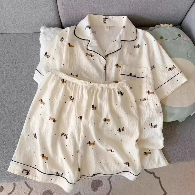 Korean Version of Polka Dot Sausage Puppy Pajamas for Women in Summer Black Border Short Sleeved Shorts Soft Home Clothes