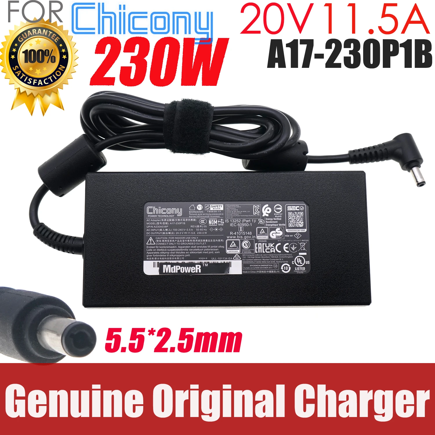 

Genuine Chicony A17-230P1B 230W A230A038P AC Adapter Charger For MSI Creator 15 A10UH Laptop Power Supply 20V 11.5A 5.5x2.5mm
