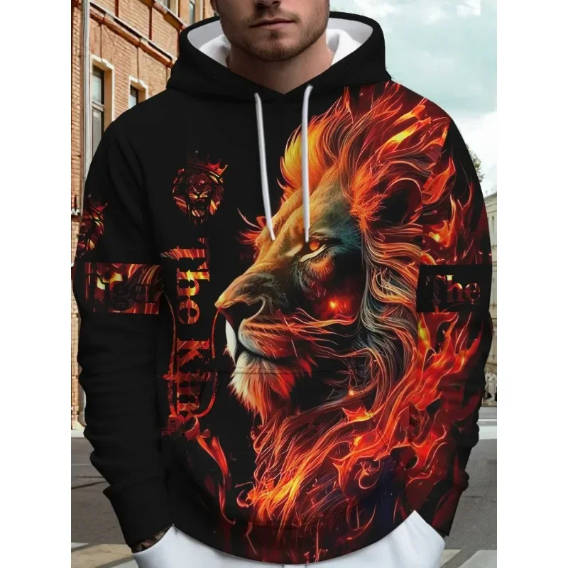 

Men's Trendy 3D Flame Lion Print Hoodie - Casual Long Sleeve Pullover with Kangaroo Pocket, Polyester Blend, Machine Washable