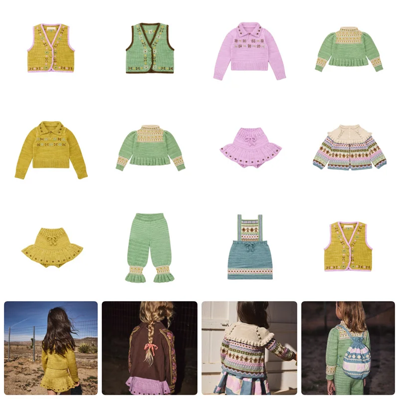 PRE-SALE(ship in Oct.) 2026 MP Autumn Dress Winter Baby Girl Knitted Cardigan Kids Pants Sets Girls Skirts Embroidery Sweaters