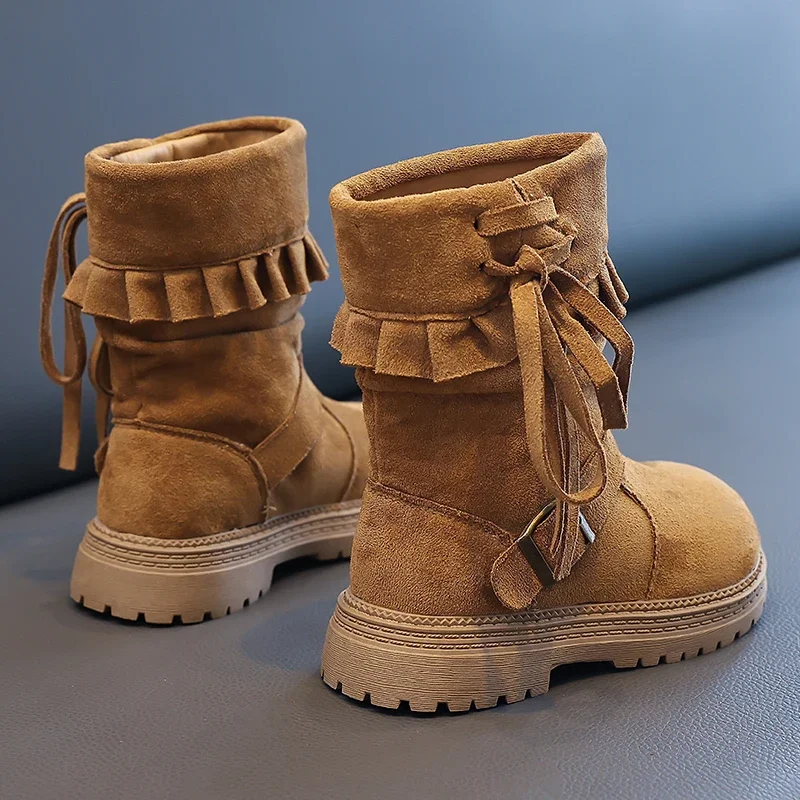Toddler Girls Fleece Lined Winter Boots Ruffled Cuff with Lace-up Detail Thick Non Slip Sole, Warm Ankle Boots for Autumn Winter