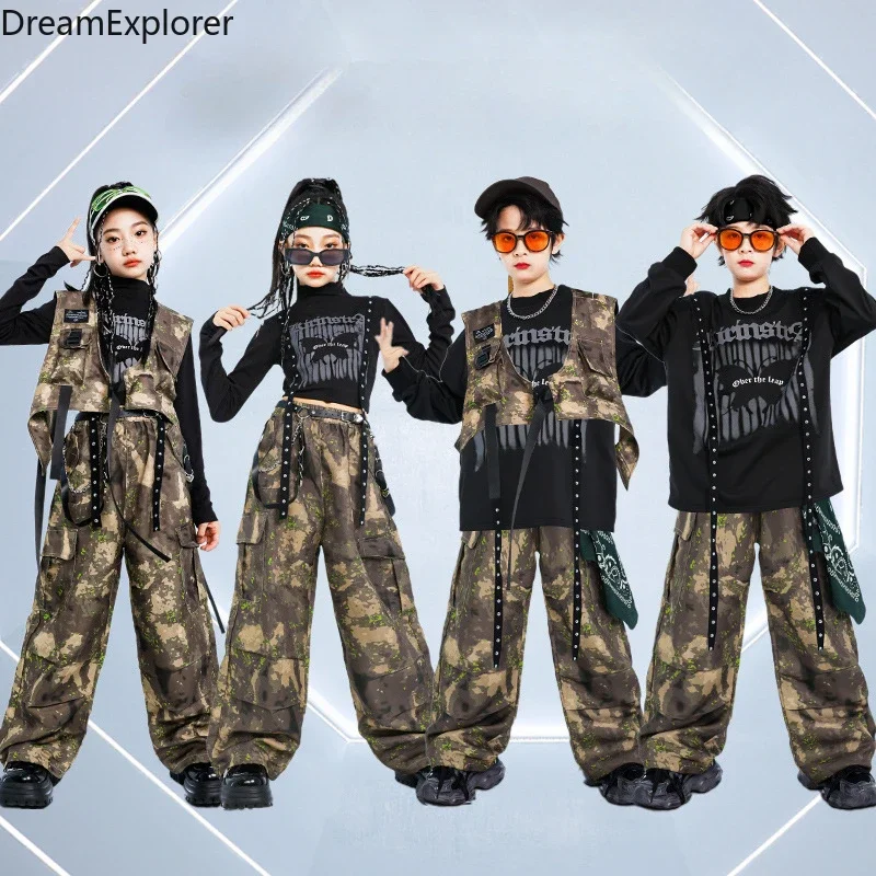 Girls K-pop Crop Top Camouflage Vest Cargo Pants Boys Hip Hop Sweatshirt Street Dance Clothes Sets Kids Jazz Children Streetwear