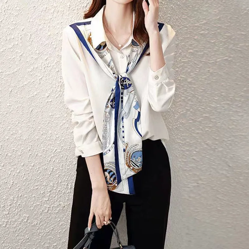 White Patchwork Printing Office Blouse Spring Autumn New Long Sleeve Solid Temperament Shirt Tops Fashion Elegant Women Clothing