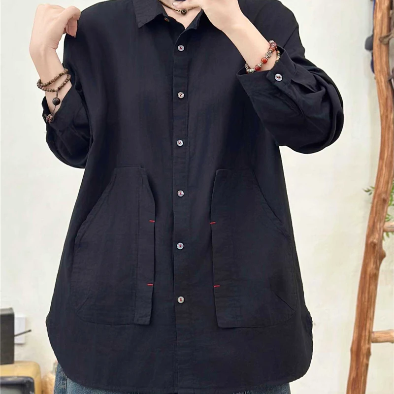 Masss Wasss 2025 Korean Ladies Fashion Autumn Casual Shirts Solid Cotton Tops Womens Loose Classic Elegant Long Sleeve Blouses