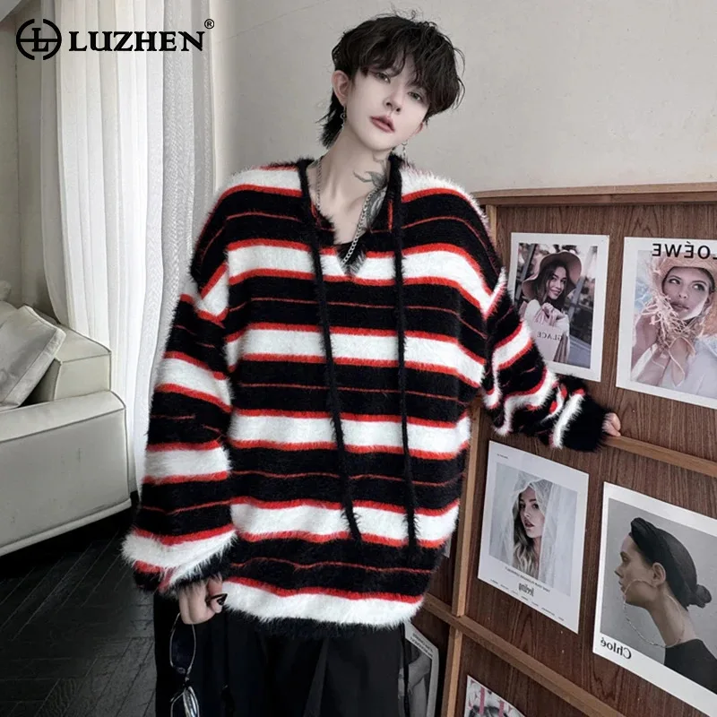 

LUZHEN Coats V-neck Striped Fur Drawstring Decoration Knitted Sweater Youth Casual Handsome Versatile Men's Clothing LZ6506