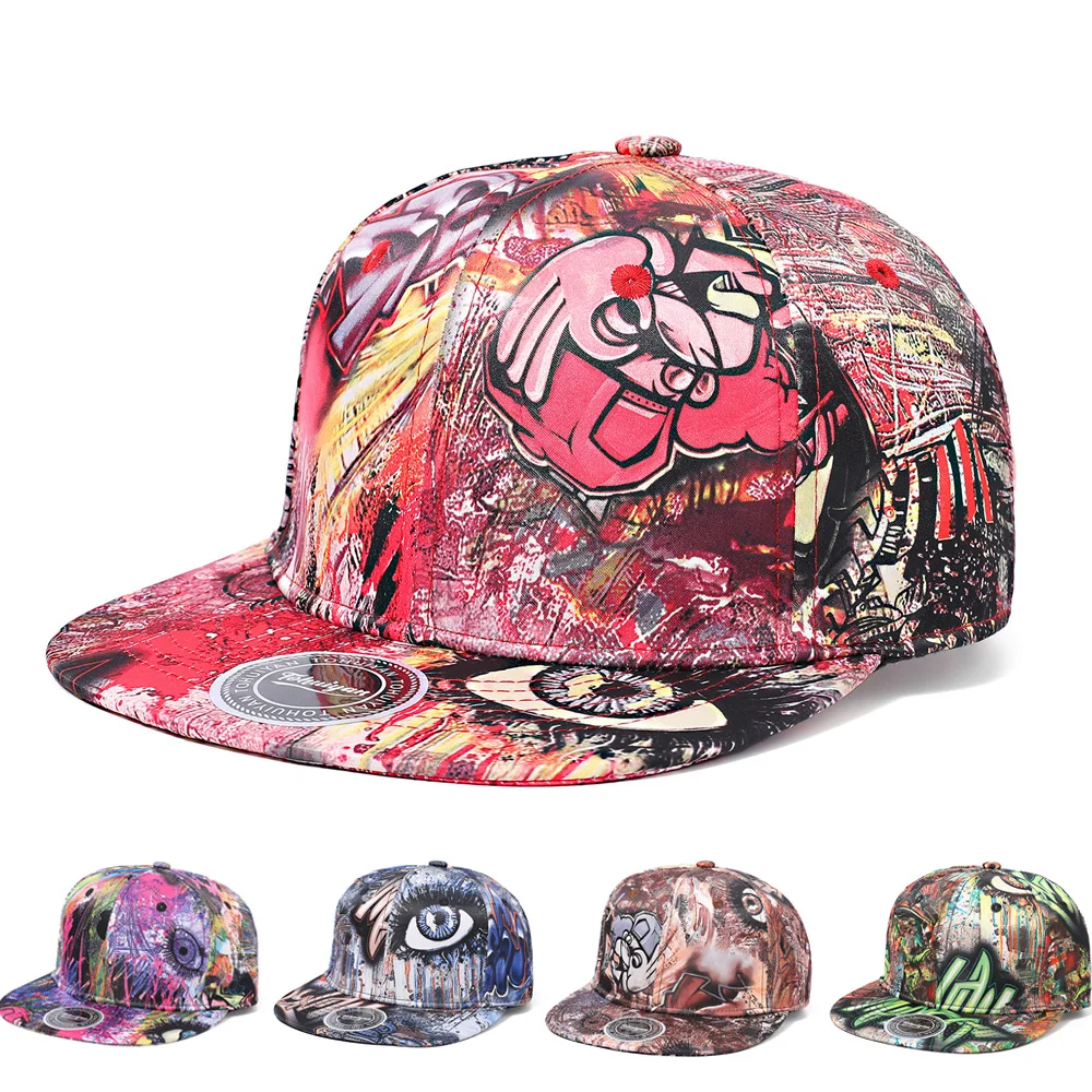 TOHUIYAN Graffiti Printed Snapback Cap Street Dance Hip Hop Hat Summer Flat Brim Baseball Hat Outdoor Sun Protection Sports Caps