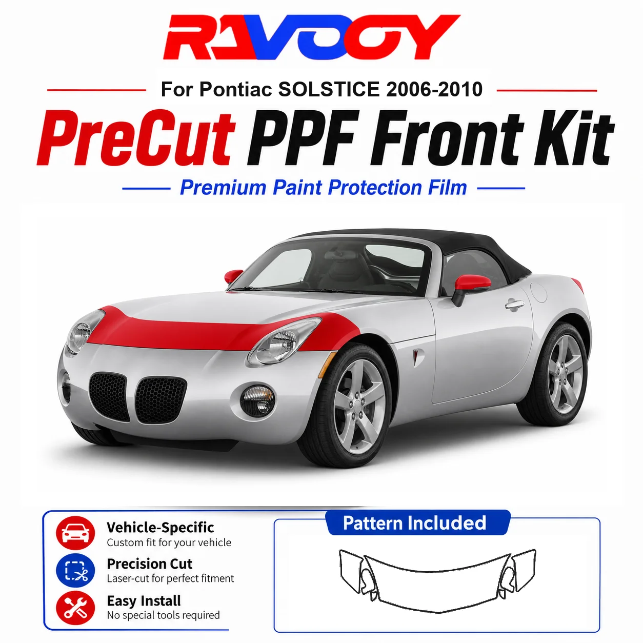 Kit de PPF precortado de TPU de 8.5mil para Pontiac SOLSTICE 2006-2010 - Juego de capó, guardabarros y espejos - Película protectora transparente autoregenerable