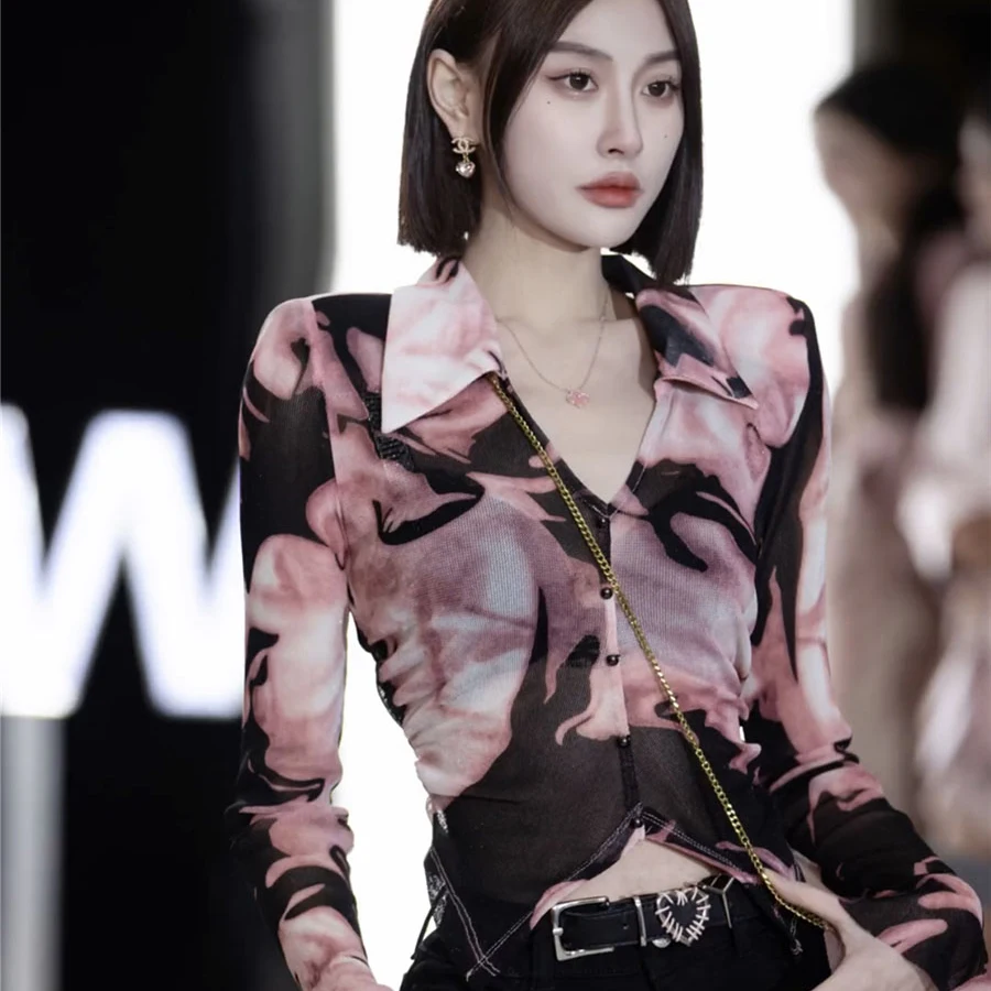 

Faionable V-Ne плиссированный асимметричный облегающий женский топ с принтом Sli в Корейском стиле для поездок на работу Long Sve ort Length