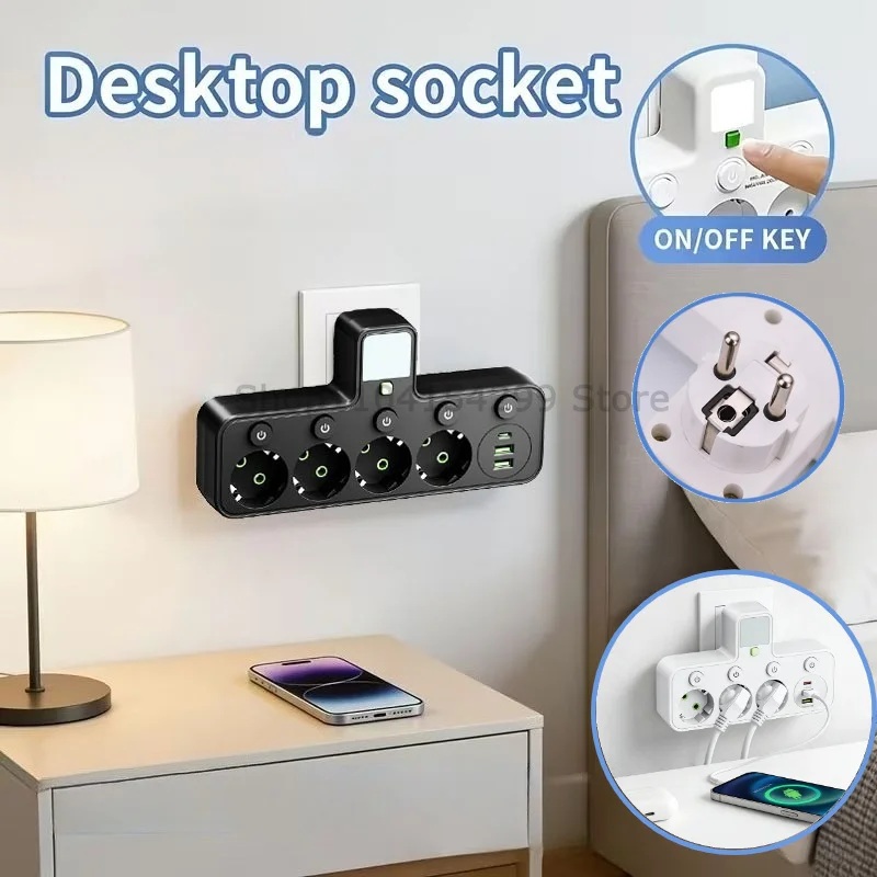 EU Plug Desktop Power Strip Multi Plug Outlet with Independent Switch Control USB Type-C Bedside Lamp for Home Office Outlets