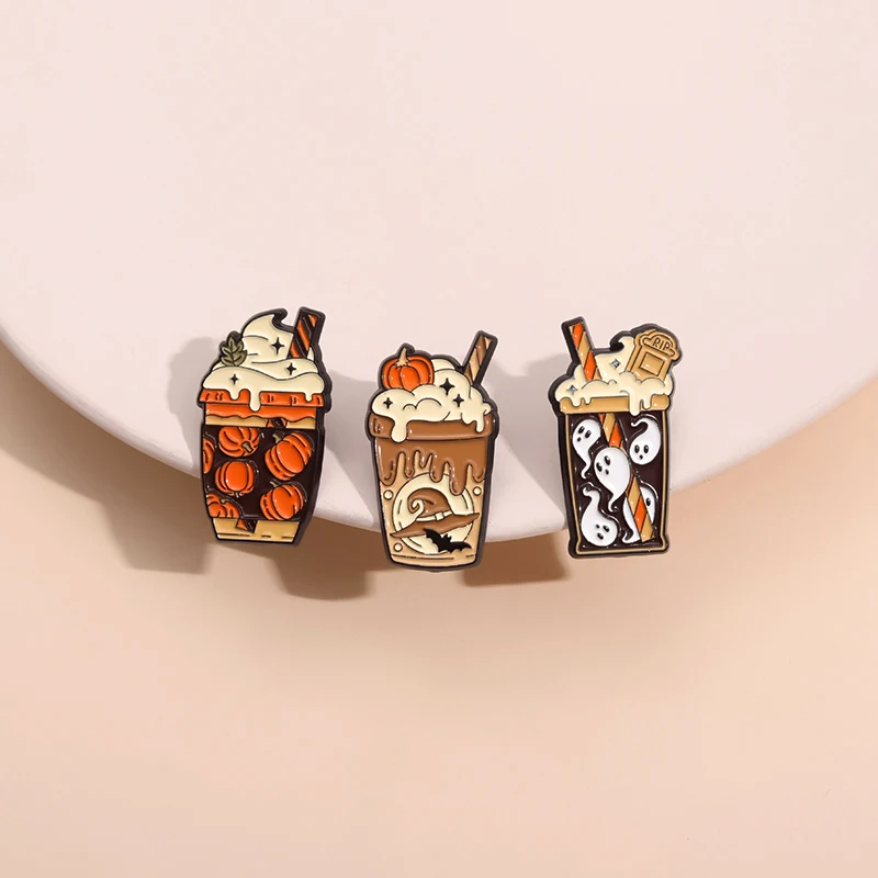 

Gothic Western Cowboy Hat Milk Tea Cup Enamel Pins Creative Halloween Ghost Pumpkin Punk Brooches Wholesale Backpack Lapel Badge