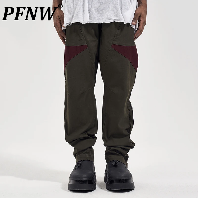 

PFNW Dark Style Men's Pants Casual Patchwork Contrast Color Cargo Trousers Boot Cut Slit Zippers Design Male Bottom New 12C616