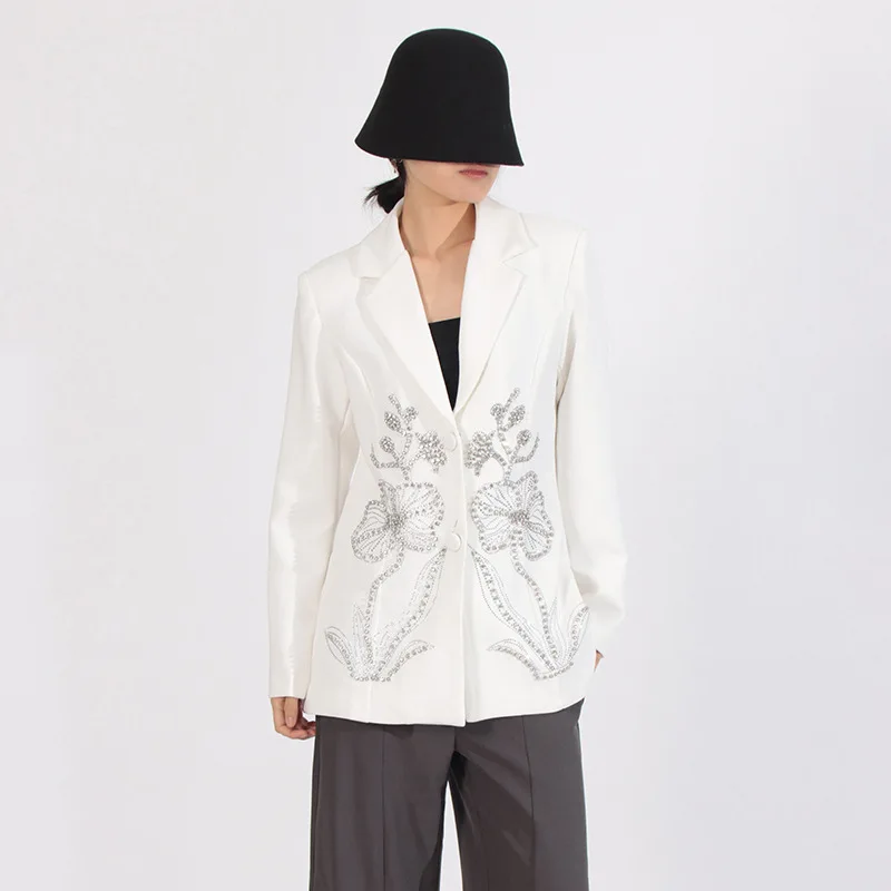 Elegant High-End Versatile Commuter Office Lady Suits Heavy Industry Diamond Beaded Flower Single-Breasted Black Blazers Women