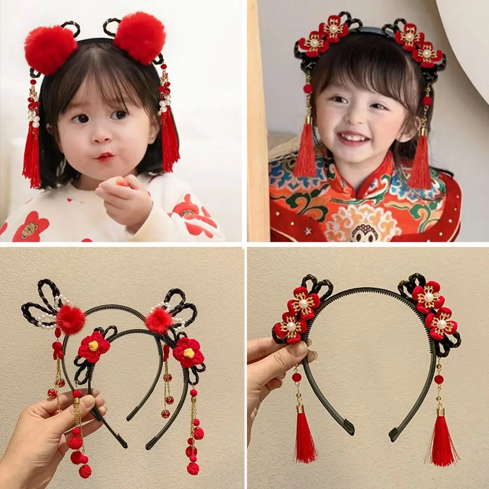 Cute Flower Children Wig Headband Braid Hair Tassel Hanfu Hair Sticks Tang Suit Hair Hoop Plush Chinese New Year Headwear Girls