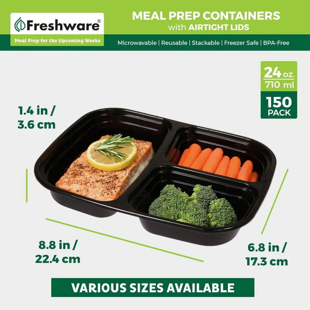 Meal Prep Containers [150 Pack] 3 Compartment with Lids, Food Storage Containers, Bento Box, BPA Free, Stackable