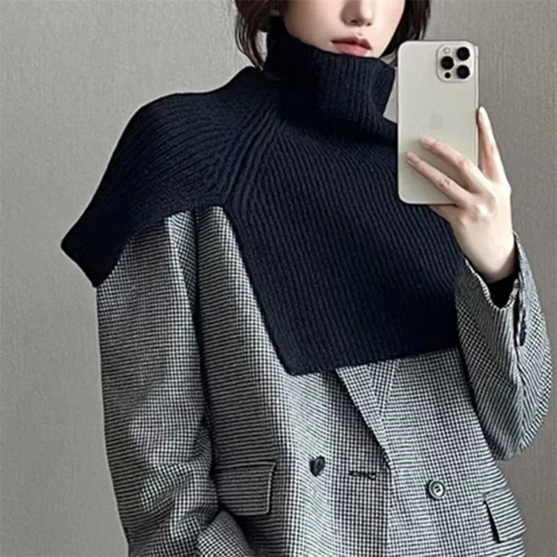 Women's Versatile Shawl Knitted Solid Color High Collar Circular Scarf With Irregular Fake Collar For Winter Warmth