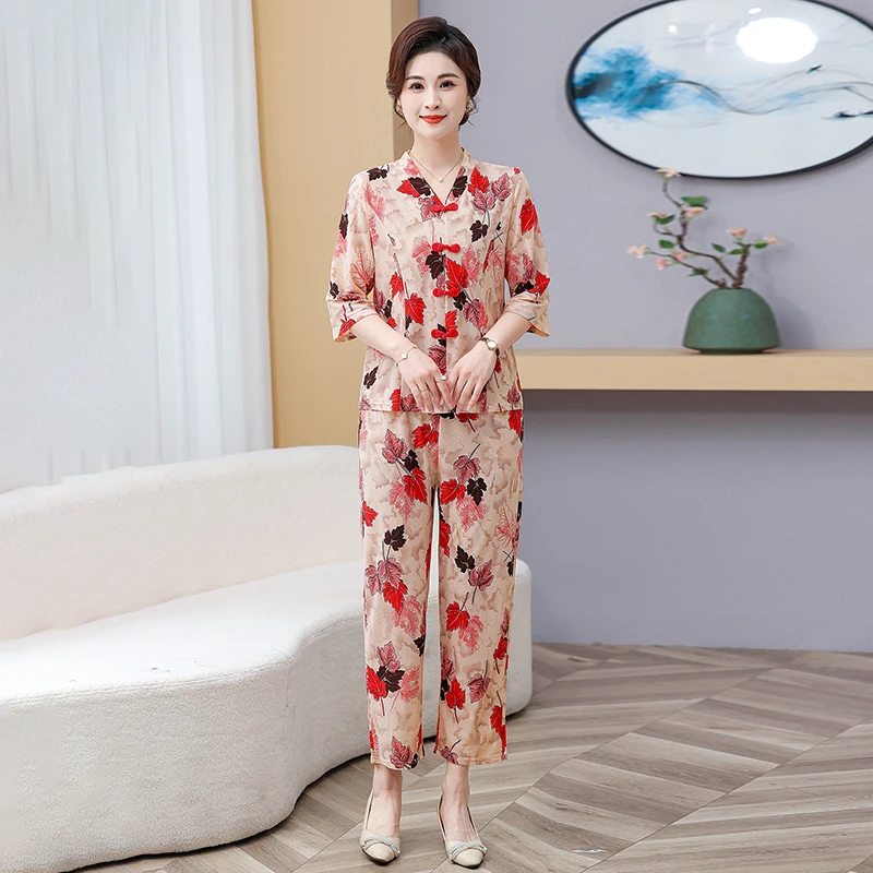 Neue Elegante Pullover Hosen Sommer Anzug Frauen Harajuku Stil Anzug Sommer asiatischen stil Lose V-ausschnitt Druck Top + Hosen Zwei stück