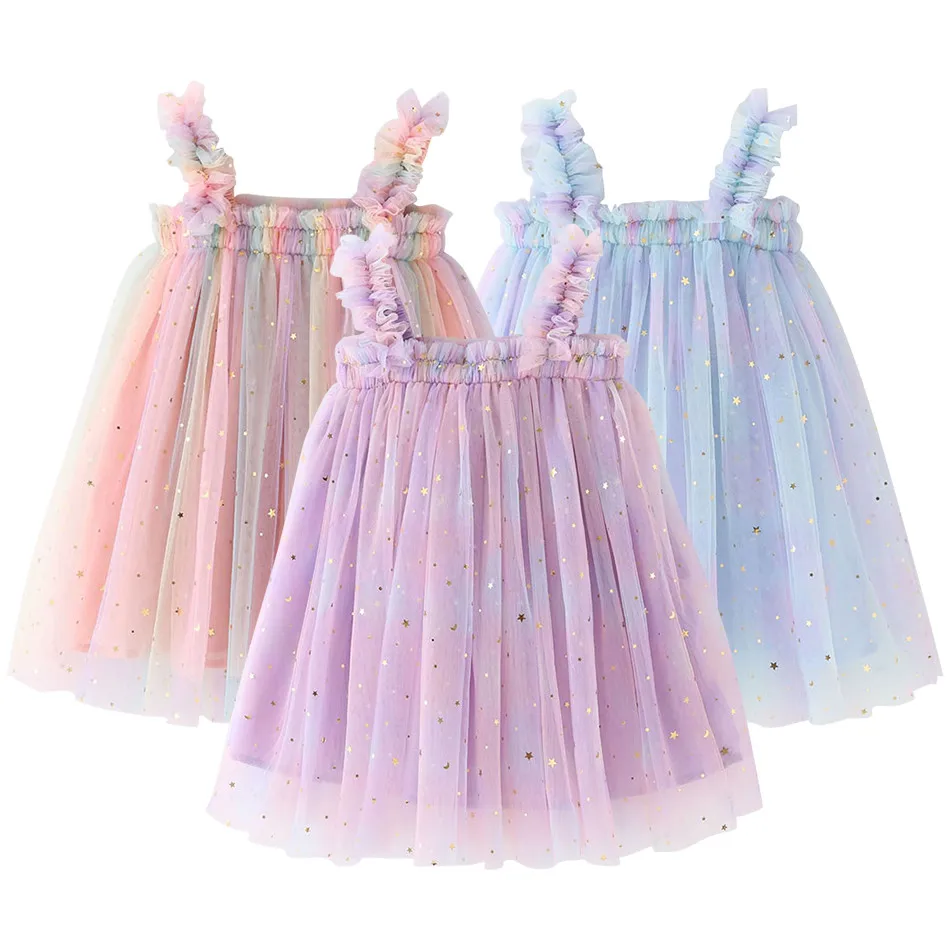 New Style Little Princess Sequins Stars Rainbow Puffy Tulle Strap Baby Girls Casual Dresses for Elegant Photoshoots and Events