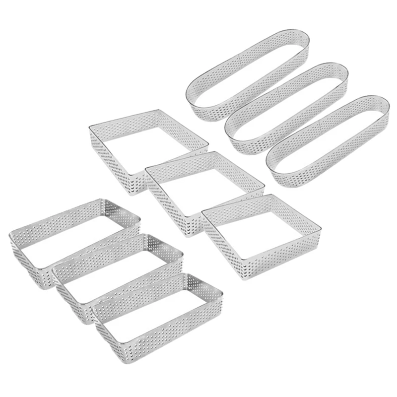 

Stainless Steel 9 Pcs Perforated Oval Rectangular Square Tart Rings Molding Tart Rings With Holes Mousse Ring