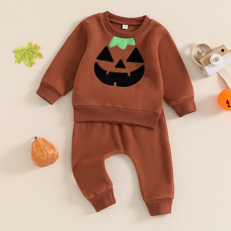 

Toddler Baby Boy Girl Halloween Outfit Pumpkin Embroidery Crewneck Long Sleeve Crew Neck Fleece Sweatshirt Top and Pant 2Pcs Set