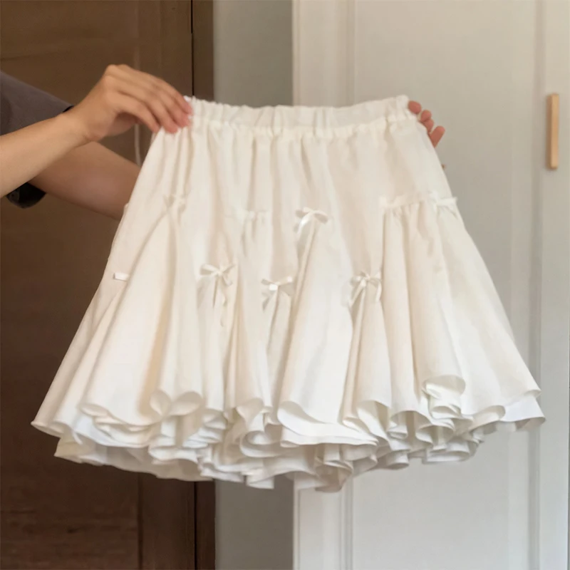 Women High Waist Skirt Mini Bowknot Ruffles Y2K A-Line Skirts Short Fairy Lolita Puffy Skirt Sweet Ballet Style Skirts