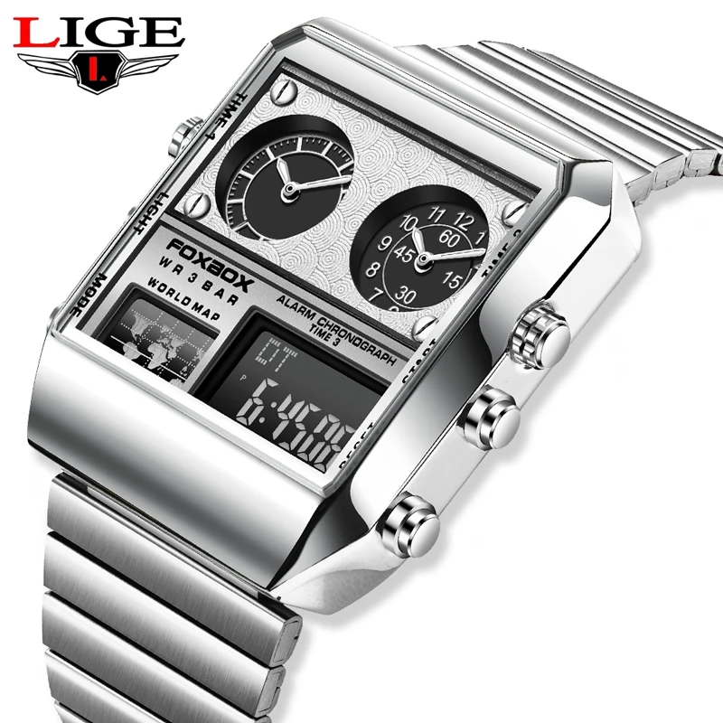 LIGE Mens Watches FOXBOX Brand Luxury Square Watch For Men Fashion Waterproof Dual Display Military Watch Relogios Masculino+Box