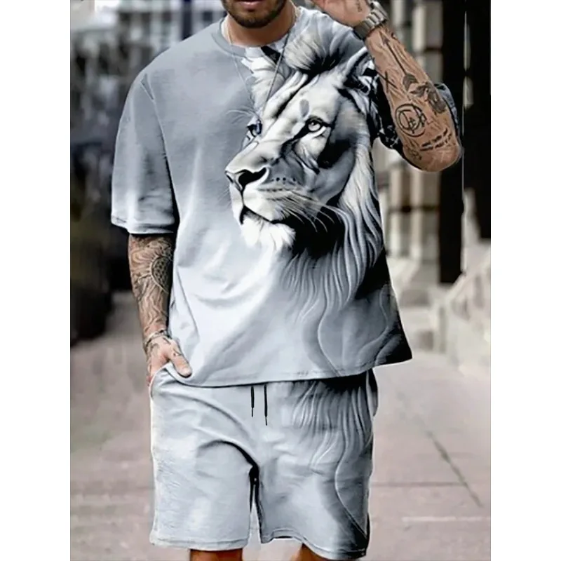 2025 Fashion 3D Printing Lion Print Summer Daily Casual Men's Sports Short Sleeved Shorts Street Trendy Set