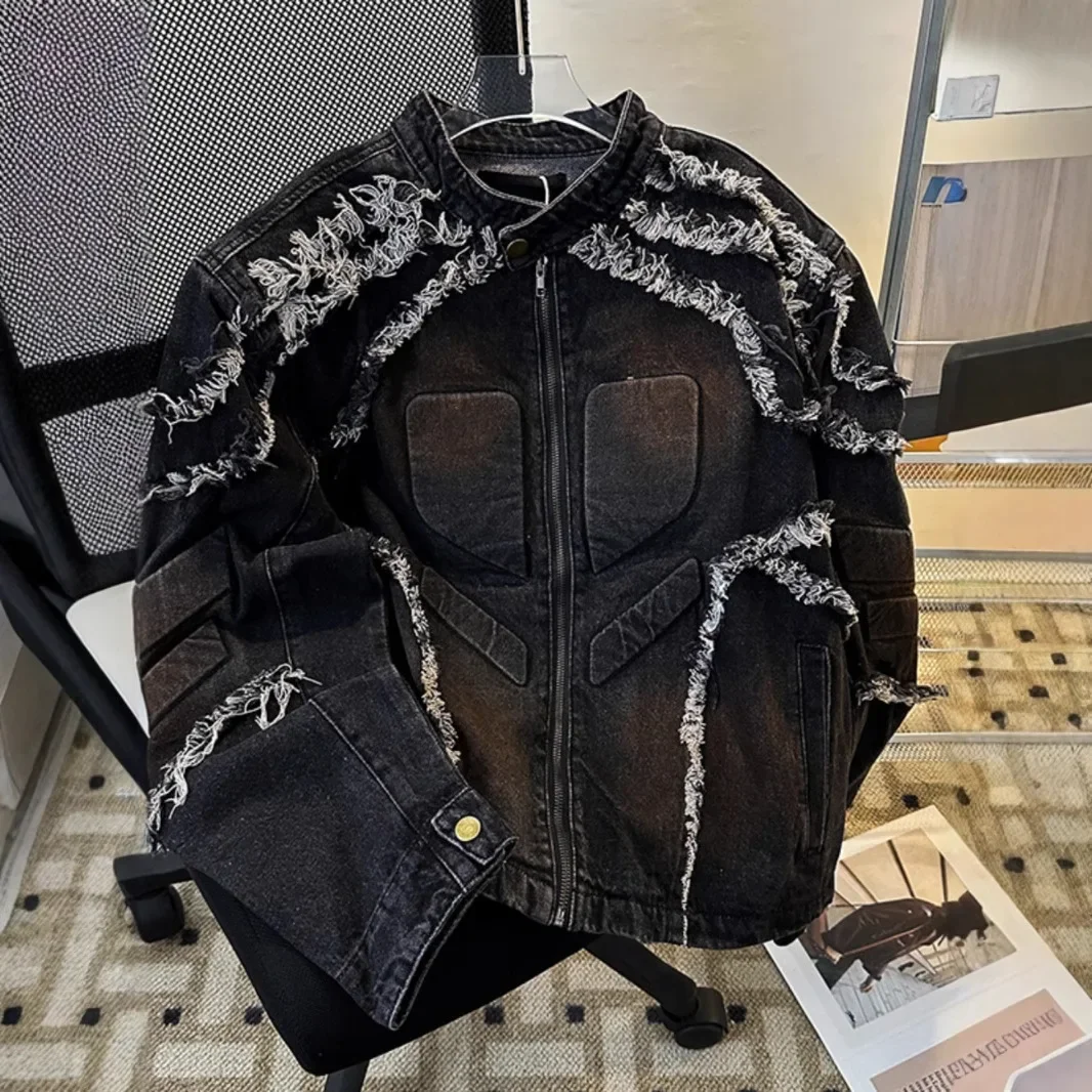 Chaqueta vaquera con relleno de hombros para hombre, jersey con cuello de calle alta, estilo americano Vintage, diseño de motocicleta, otoño e invierno