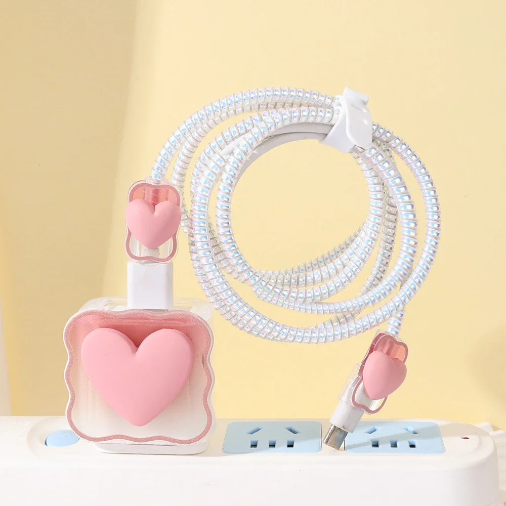 Kawaii 3D Heart Charger Protector Cable Organiser for iPhone Apple Charging 18W 20W Type C Data Cable Management Cord Winder Kit