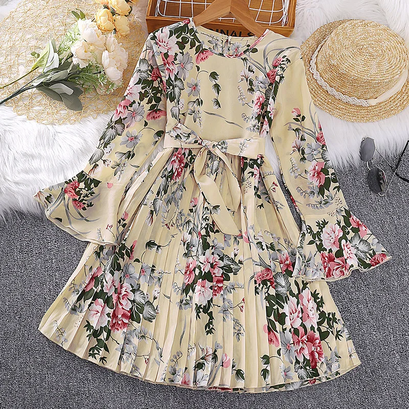 Dress Kids Girls 5-12 Years Cream-Coloured Printed Long-Sleeved Pleated Dress For Girls Summer Princess Baby Girl Dress