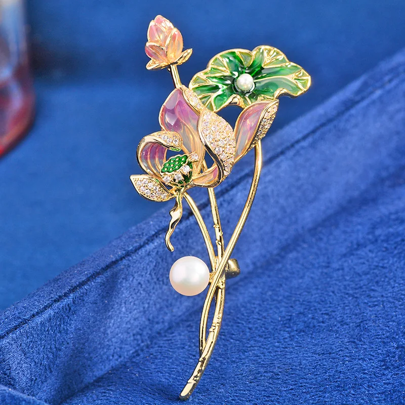 Bracelet Hand String New Guofeng Lotus Enamel Brooch High-Grade Niche Delicate Micro-Inlaid Zirconium Pin Fashion Accessories