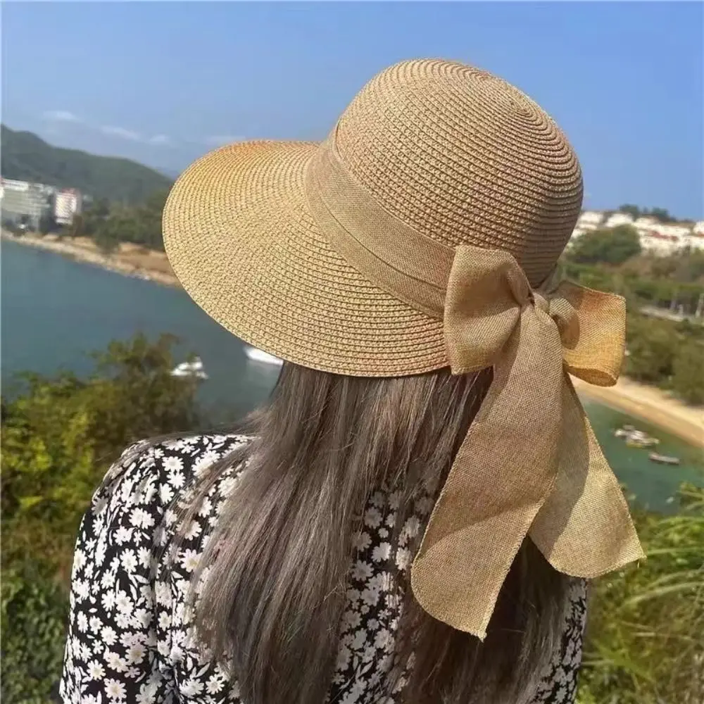 Wide Brim Sun Hat Bowknot Straw Hat Beach Cap UV Protection Breathable Panama Cap Summer Fashion Casual Bucket Hat for Women