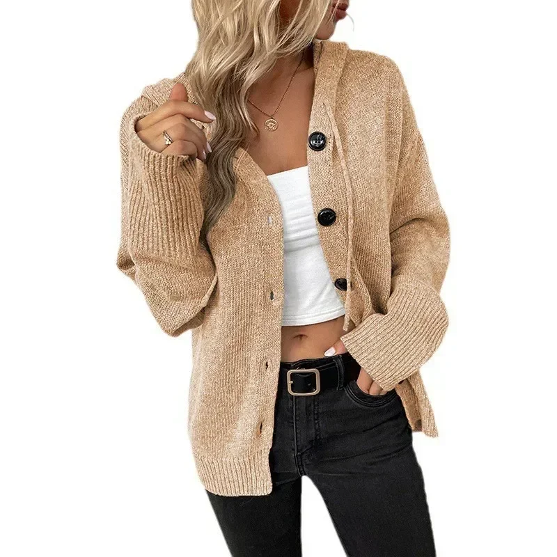 2024 New Drawstring Knitted Cardigan Coat Women's Solid Color Hooded Single-breasted Cross-border Sweater