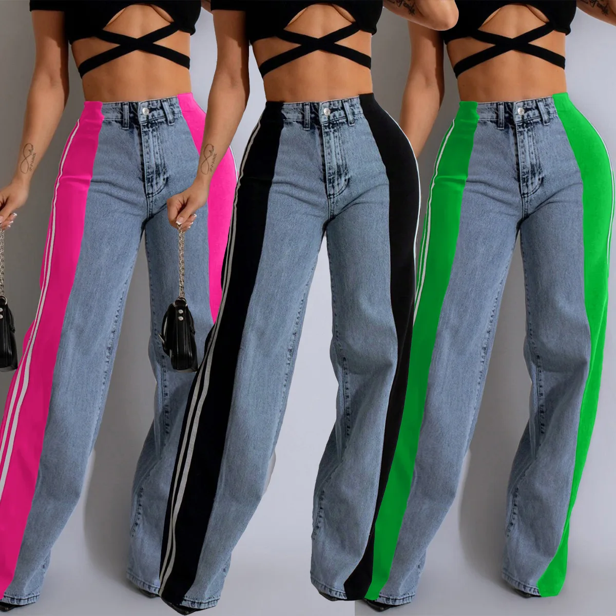 Casual Jeans for Women Patchwork High Waist Denim Pants Street Wear Jeans Women