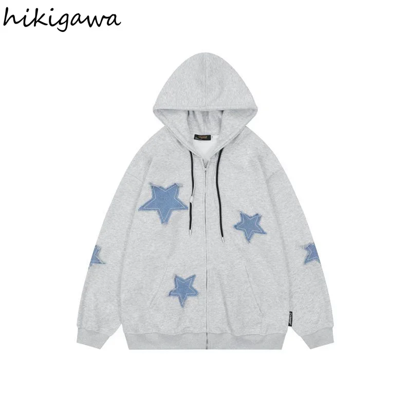 Streetwear Hoodies Women Stars Print Fashion Oversized Outwear Harajuku Casual Hooded Zipper Sweatshirt Jacket Korean Y2k Tops