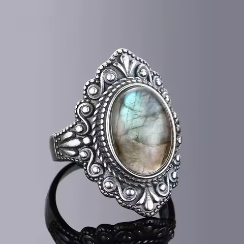 Retro Oval Natural Labradorite Rings for Women Men Silver Ring Finger Ring Retro Gemstone Rings Jewelry Party Gift