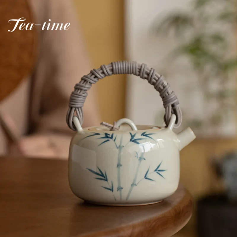 

200ml Hand Painted Green Bamboo Ceramic Teapot Retro Lifting Beam Pot with Ball Hole Filter Household Tea Brewing Kettle Teaware