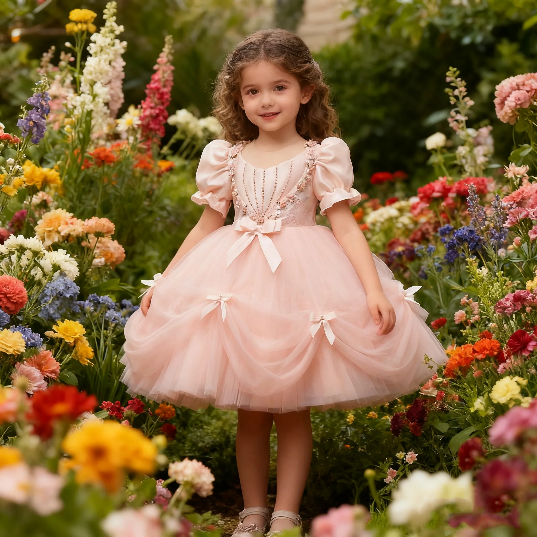 

Elegant Dress for Girl Boutique Vintage Party Infants Beading Flowers Tulle Ball Gown Bridesmaid Dresses Kids Princess Pink
