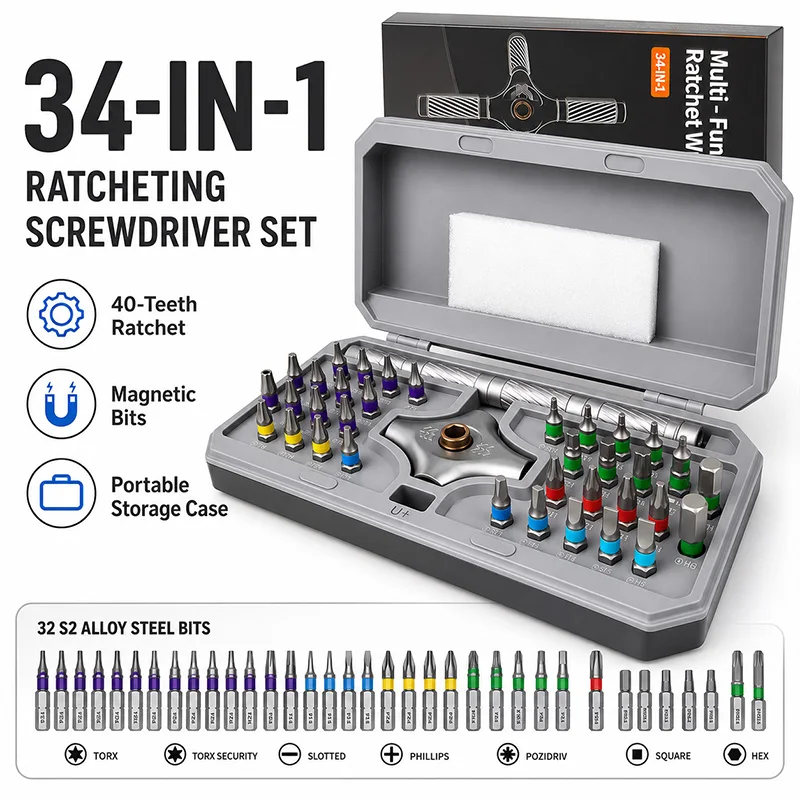 34-in-1 Ratchet Screwdriver Set with Alloy Steel Bits & Magnetic Handle Multifunctional Professional for Home Appliance Repair