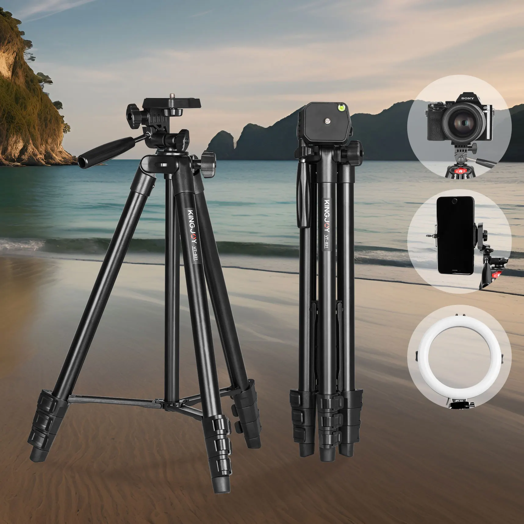 

KINGJOY Portable Aluminum Tripod Live Streaming Travel 139cm with Quick Plates for Smartphones, Ring Lights, Cameras DSLR